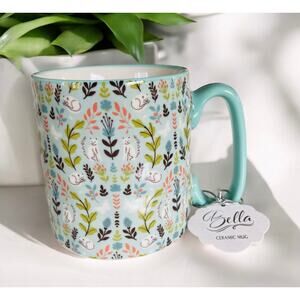 NEW Bella Peaceful White Cats in Nature Fern Blue Green 16oz Coffee Tea Cat Mug